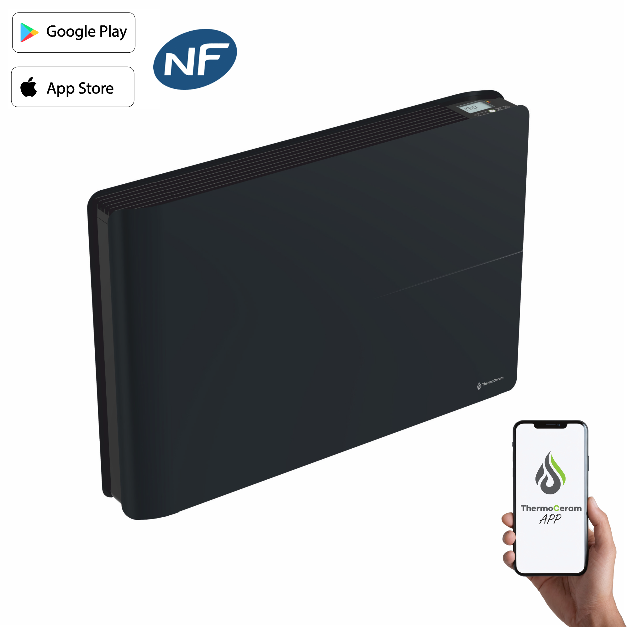 Radiateur électrique connecté 1500W double système de chauffe horizontal Noir Molia