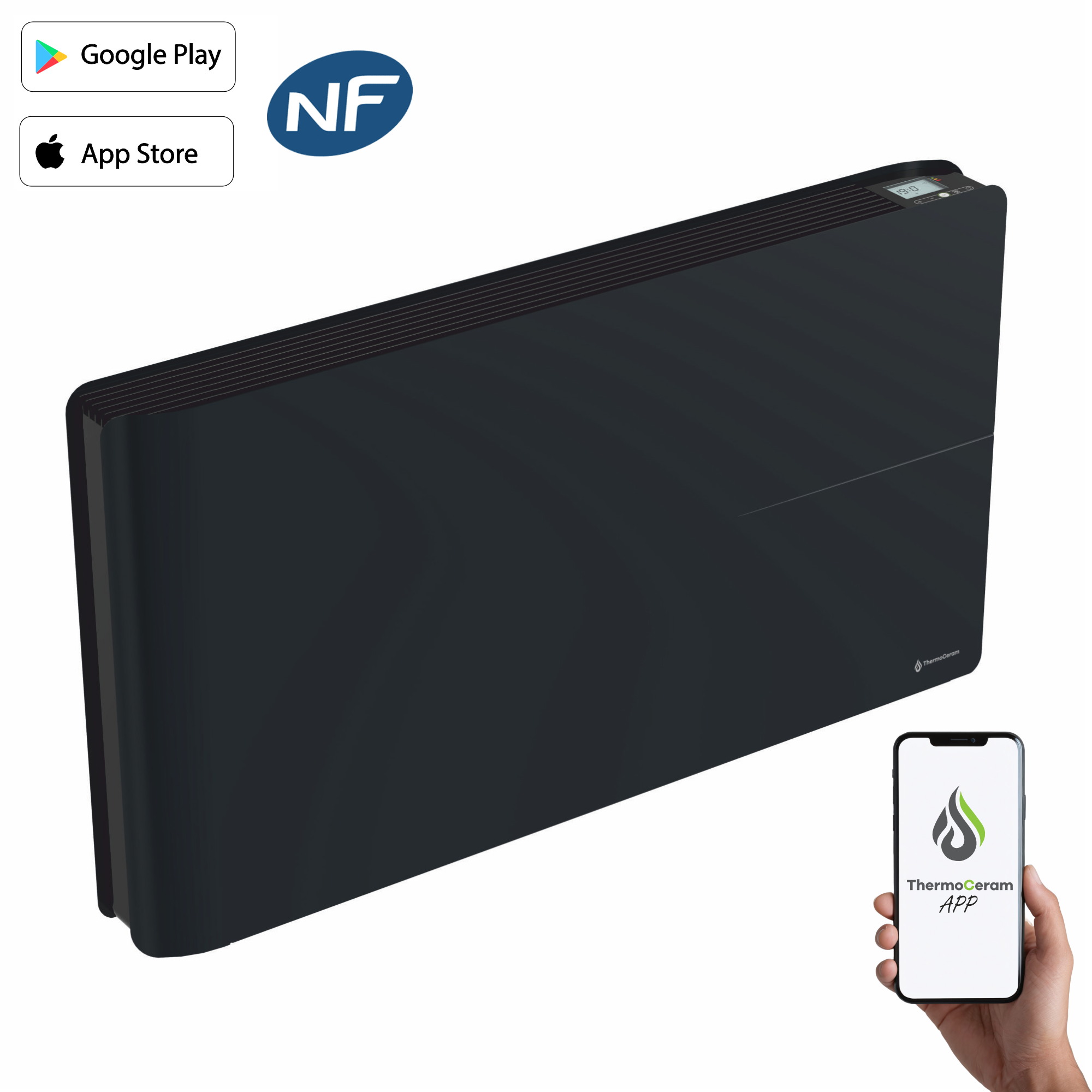 Radiateur électrique connecté 2000W double système de chauffe horizontal Noir Molia