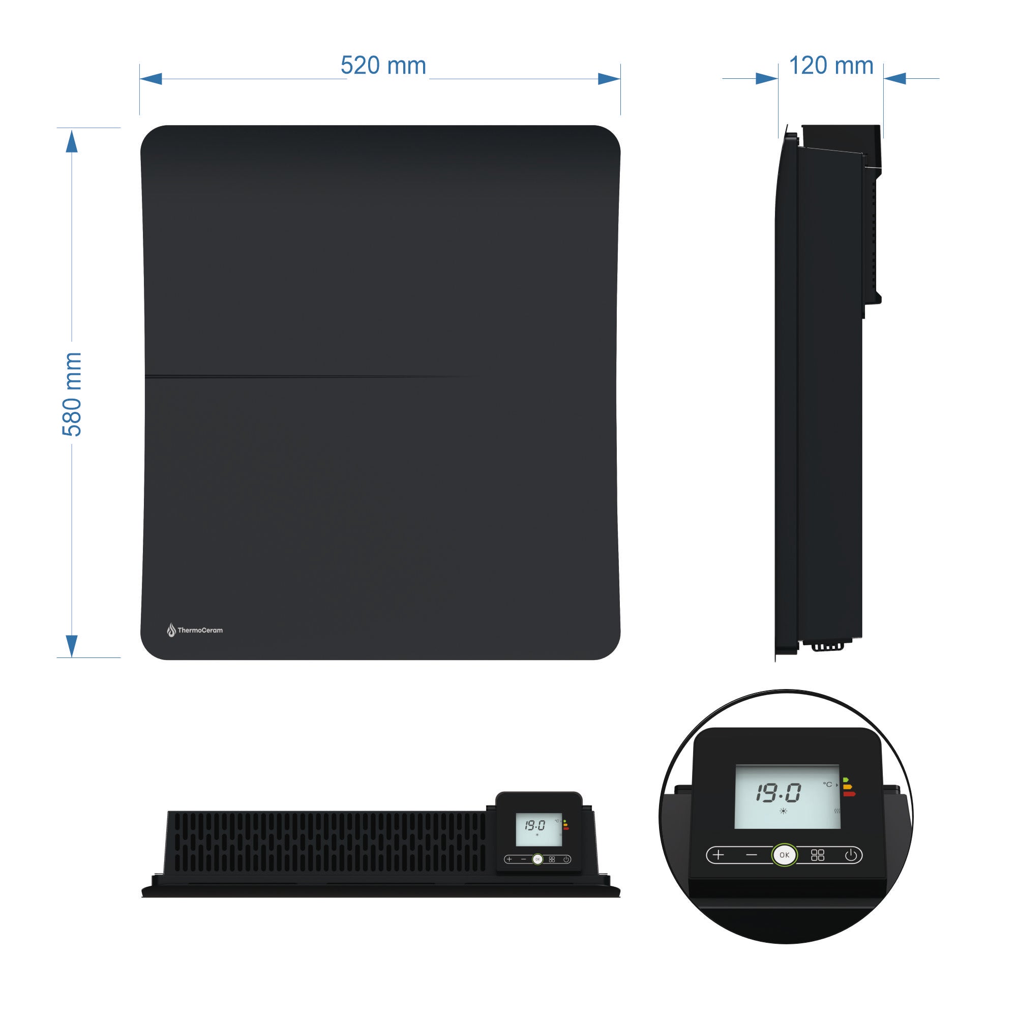 Radiateur électrique connecté 1000W double système de chauffe horizontal Noir Cira
