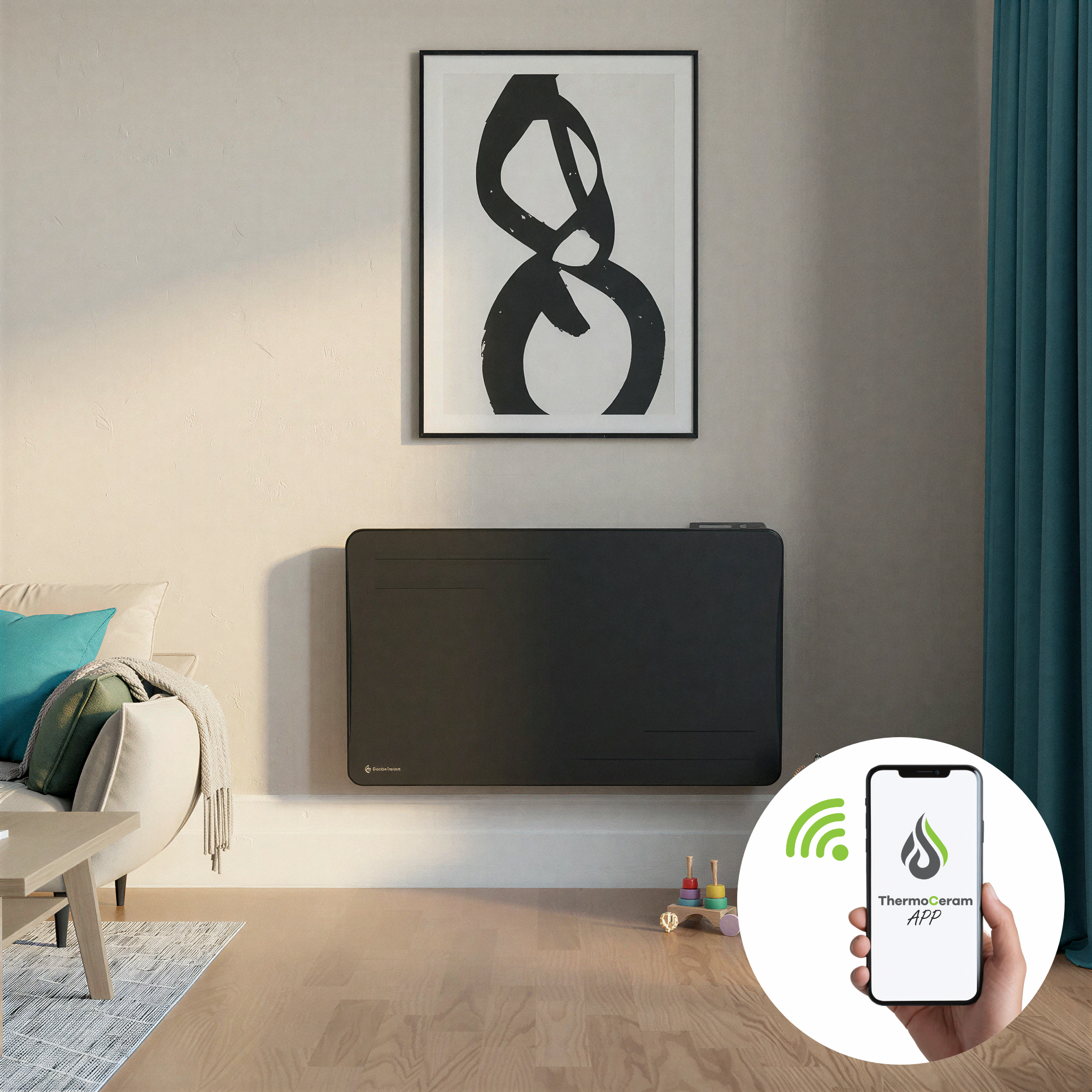 Radiateur électrique connecté 1500W à inertie sèche céramique horizontal Noir Alice