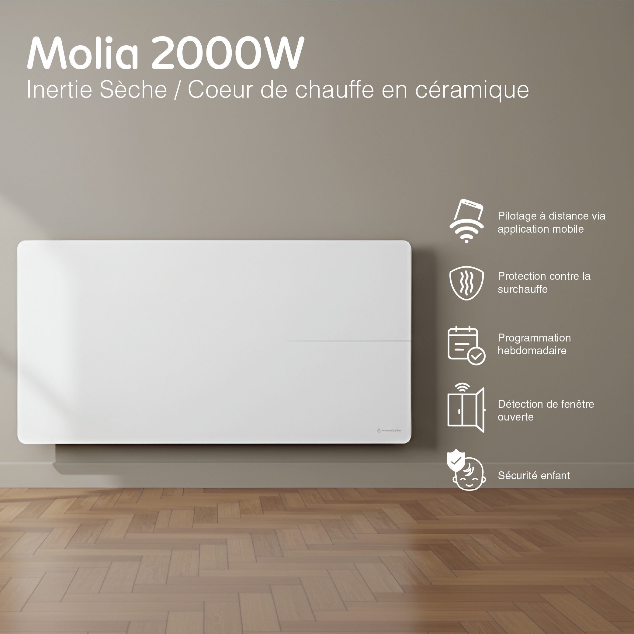 Radiateur électrique connecté 2000W double système de chauffe horizontal Blanc Molia