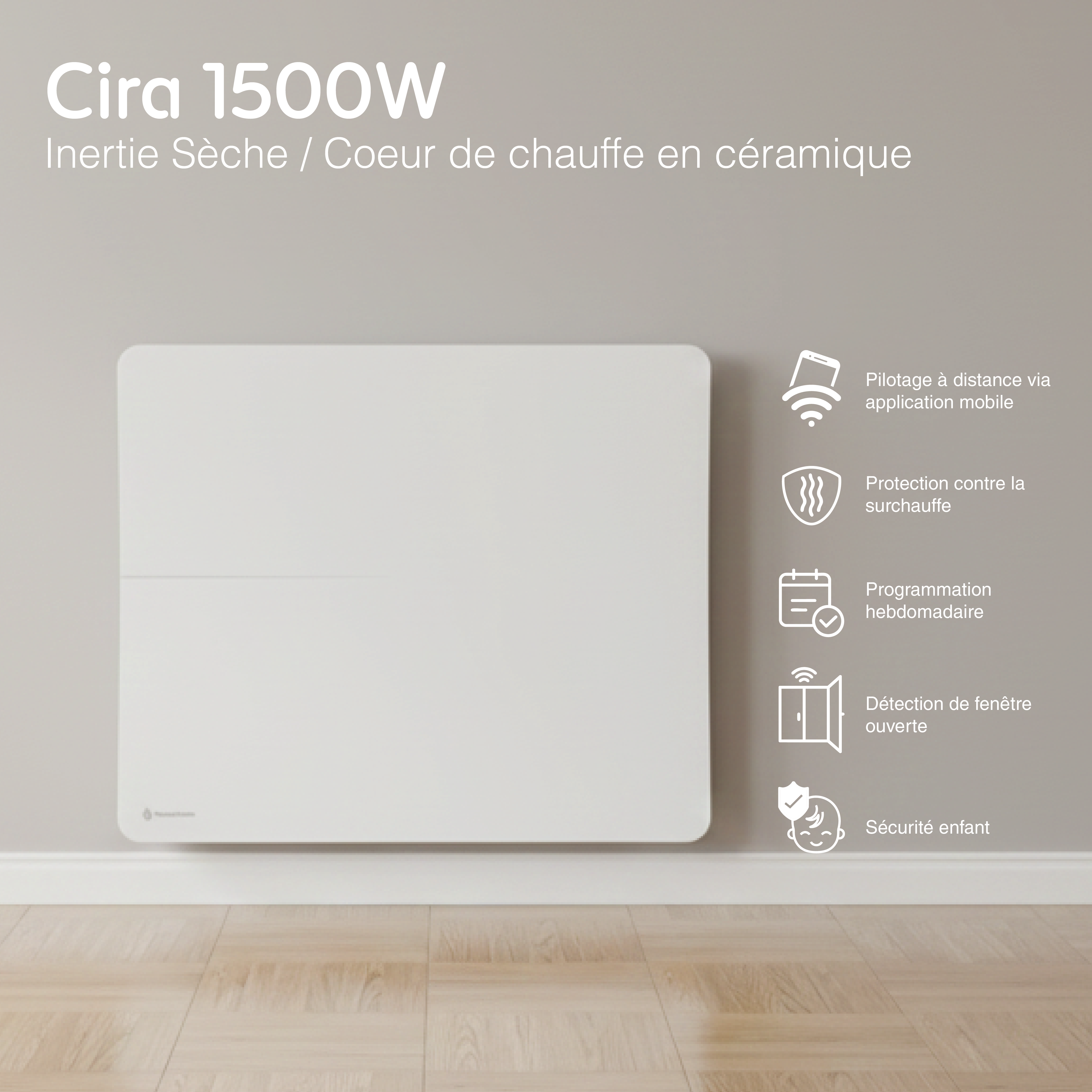 Radiateur électrique connecté 1500W double système de chauffe horizontal Blanc Cira