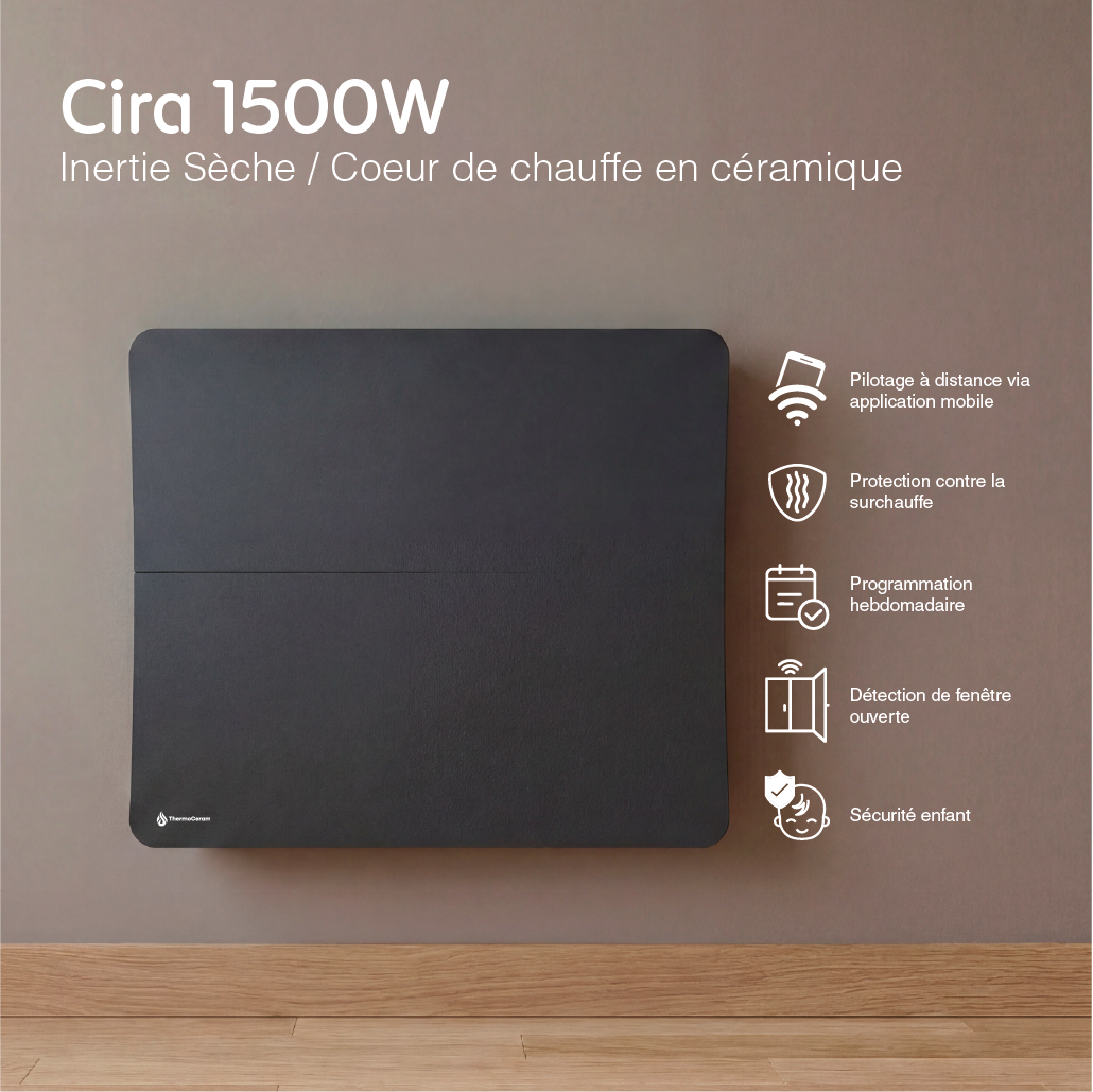 Radiateur électrique connecté 1500W double système de chauffe horizontal Noir Cira