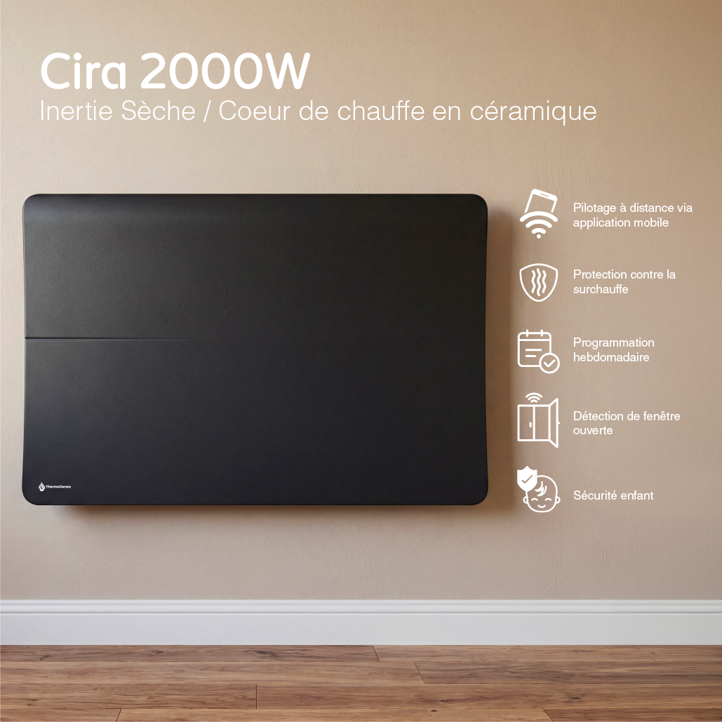 Radiateur électrique connecté 2000W double système de chauffe horizontal Noir Cira
