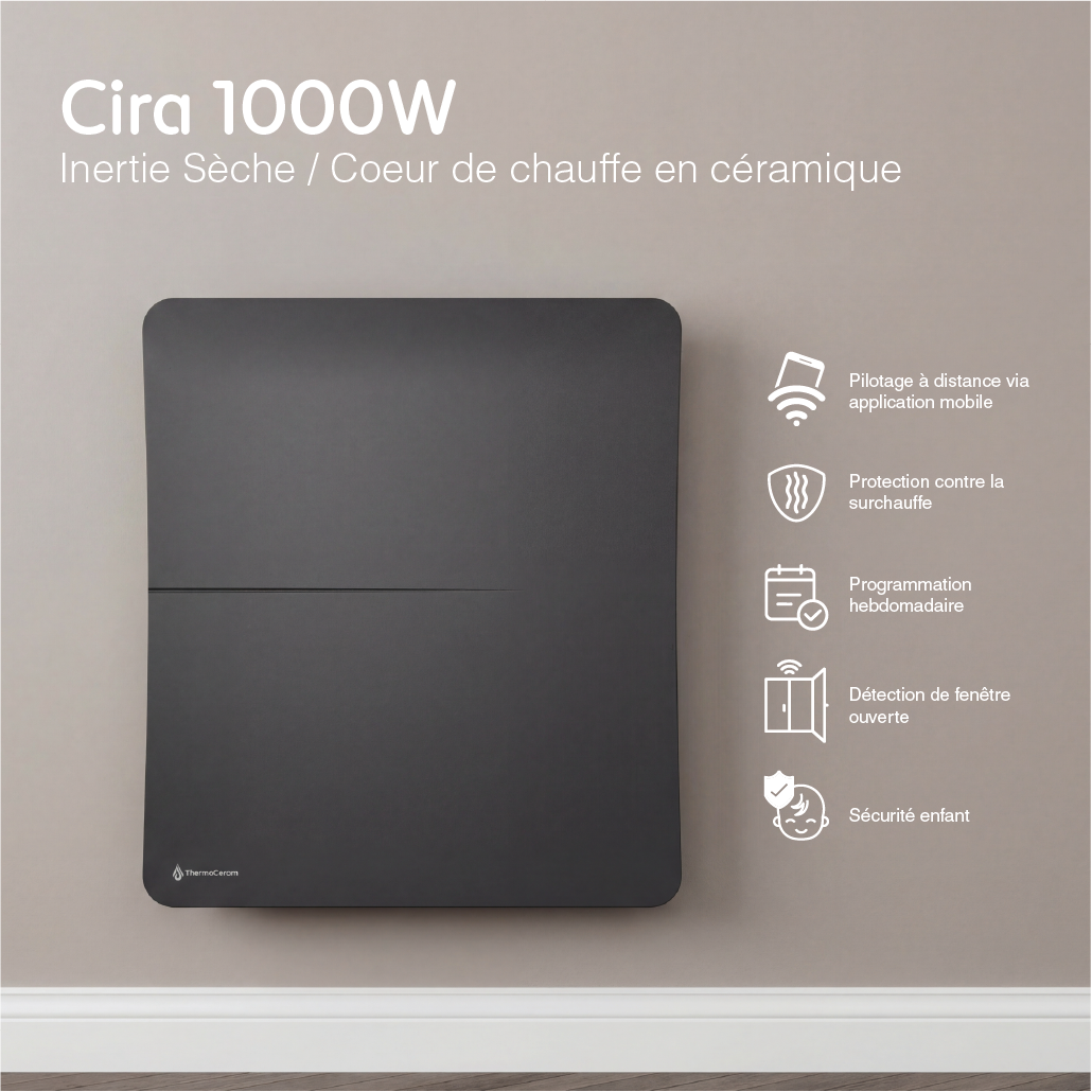 Radiateur électrique connecté 1000W double système de chauffe horizontal Noir Cira