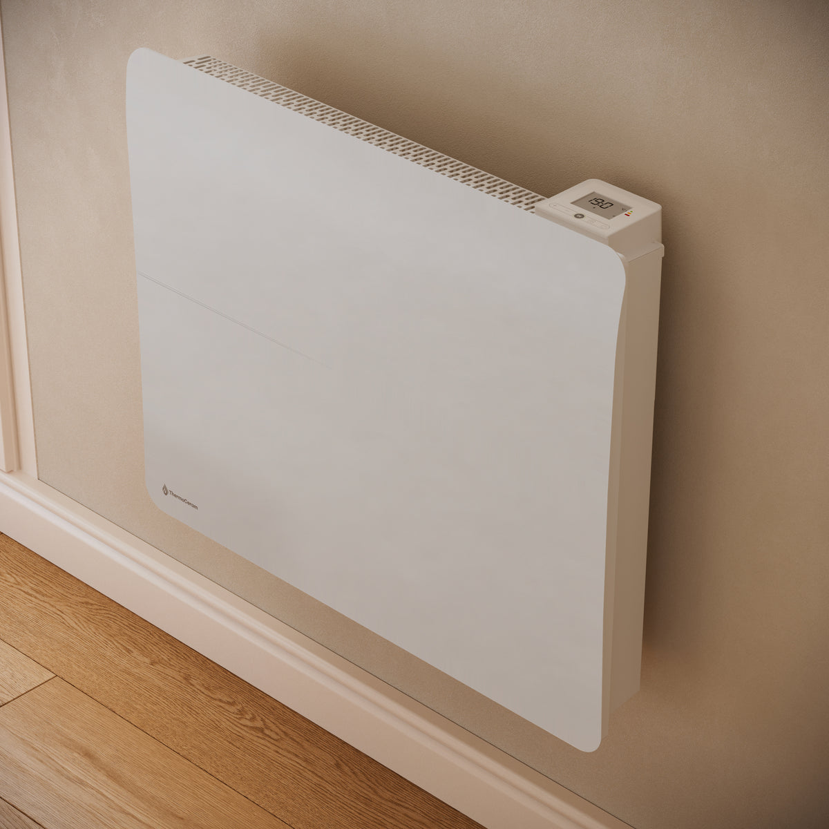 Radiateur Cira 1500 W blanc — gros plan de trois quarts sur le thermostat