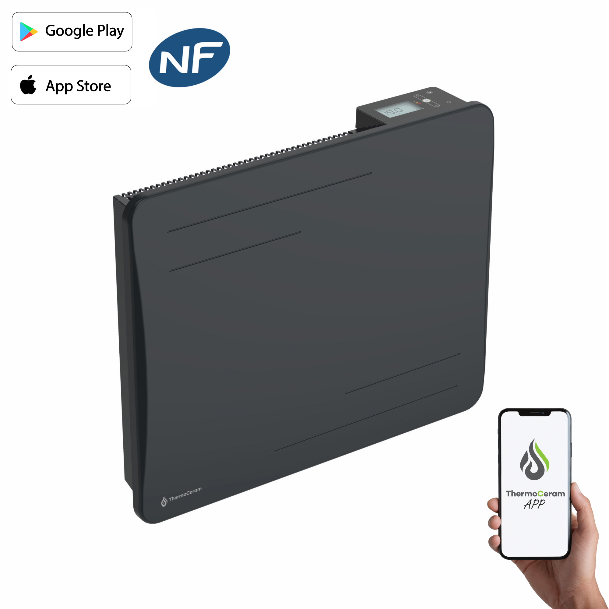 Radiateur électrique connecté 1000W à inertie sèche céramique horizontal Noir Alice