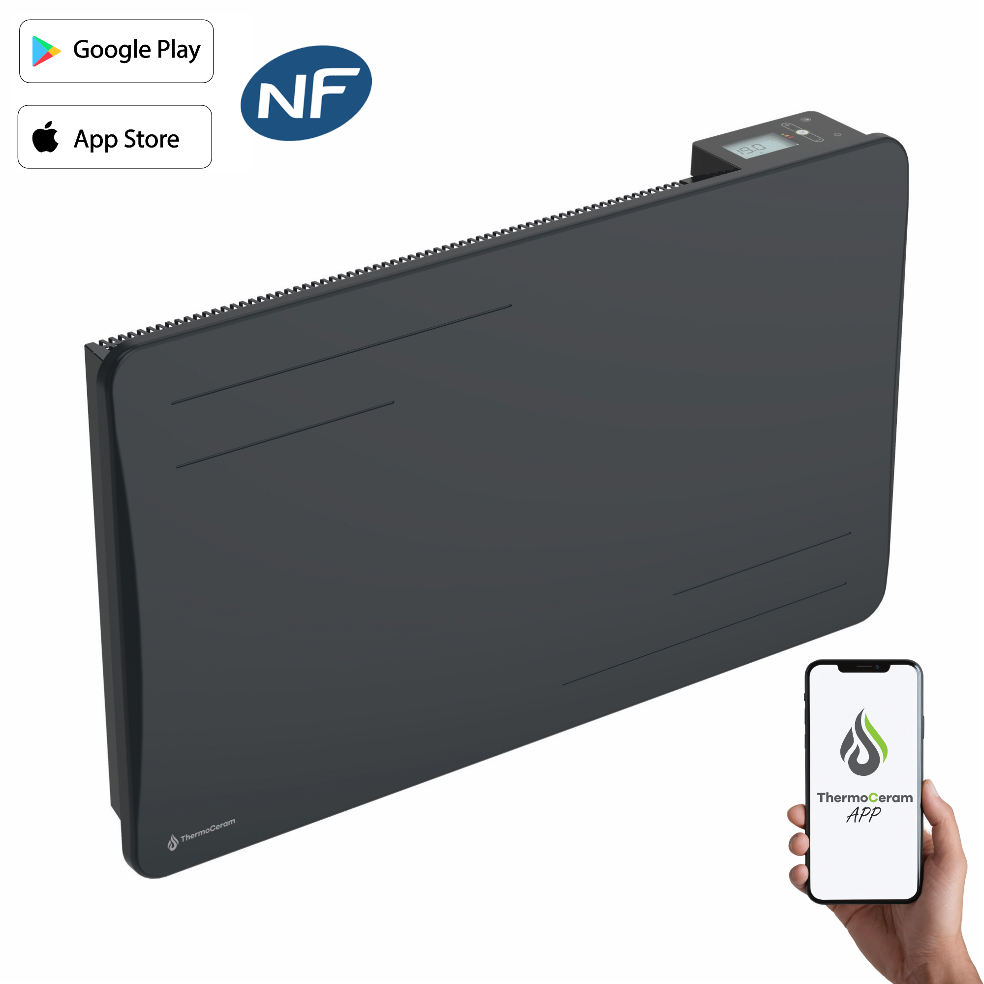 Radiateur électrique connecté 1500W à inertie sèche céramique horizontal Noir Alice