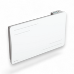 Radiateur Alice 1500W blanc vu de trois-quarts sur fond blanc, avec son écran digital