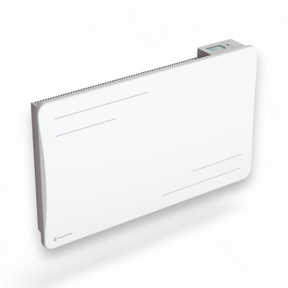 Radiateur Alice 1500W blanc vu de trois-quarts sur fond blanc, avec son écran digital