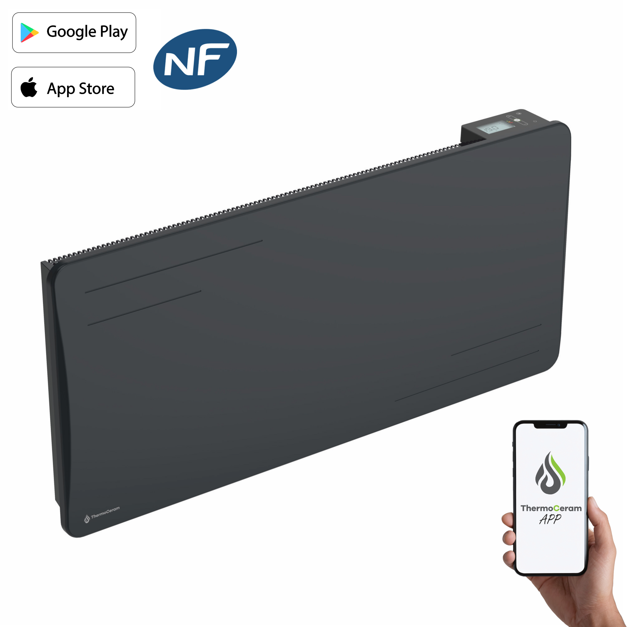 Radiateur électrique connecté 2000W à inertie sèche céramique horizontal Noir Alice