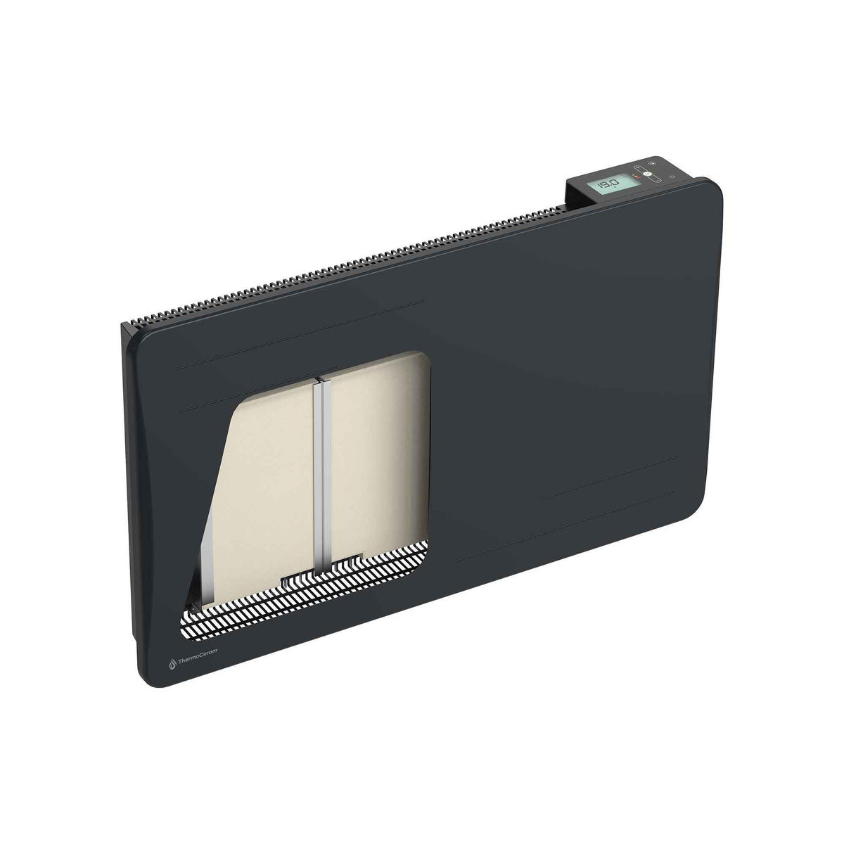Vue en coupe du radiateur Alice 1500W noir montrant son cœur de chauffe en céramique