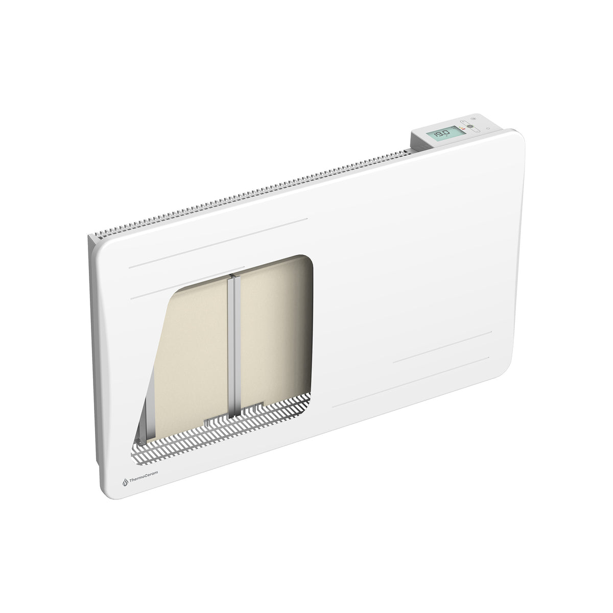 Vue en coupe du radiateur Alice 1500W blanc montrant son cœur de chauffe en céramique
