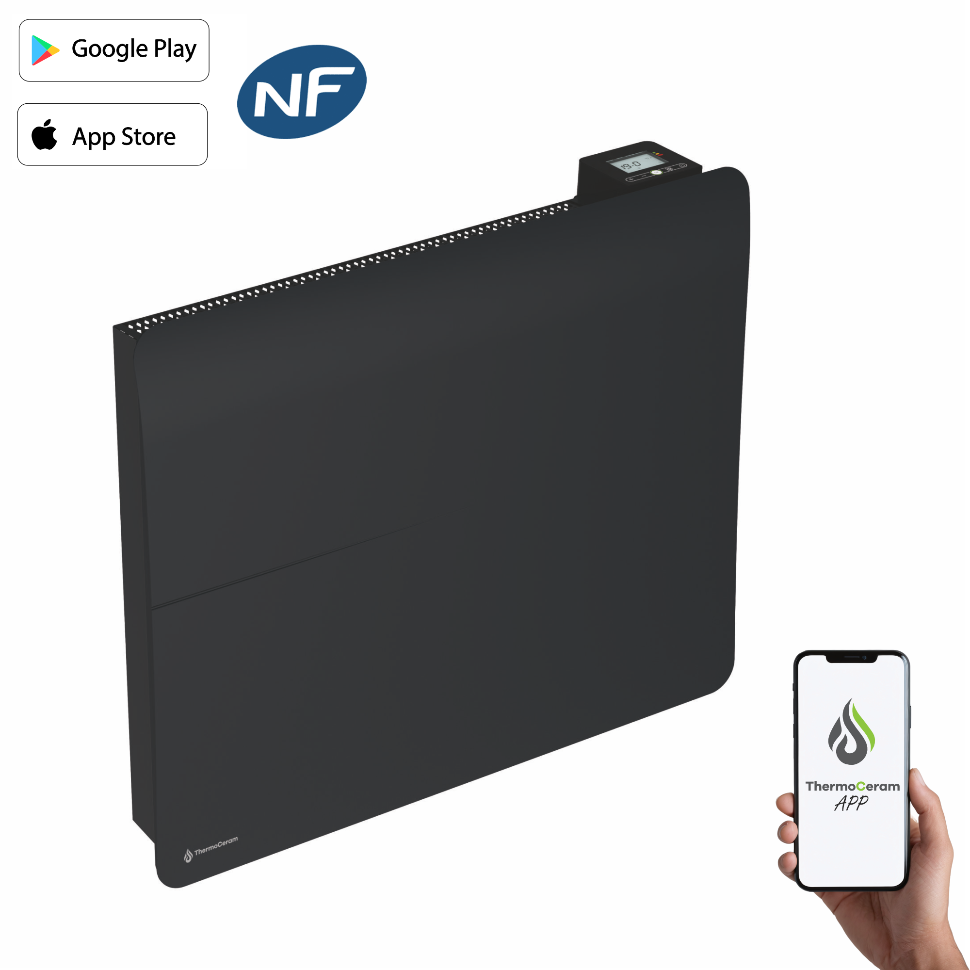 Radiateur électrique connecté 1500W double système de chauffe horizontal Noir Cira