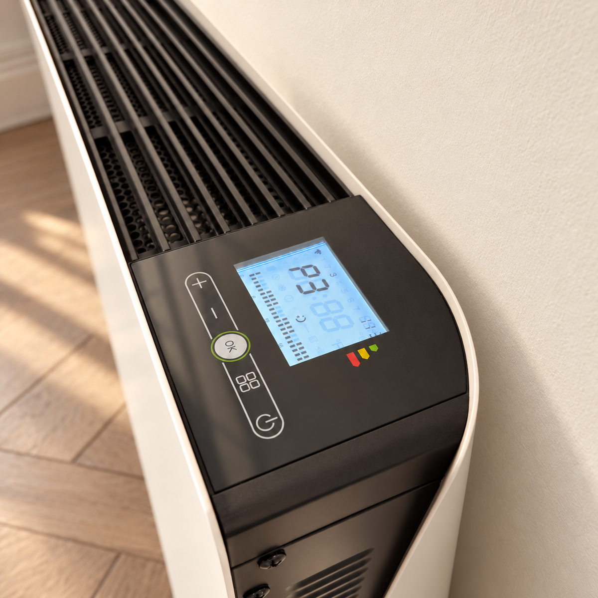 Gros plan du thermostat digital et de la grille du radiateur Molia blanc dans un intérieur lumineux
