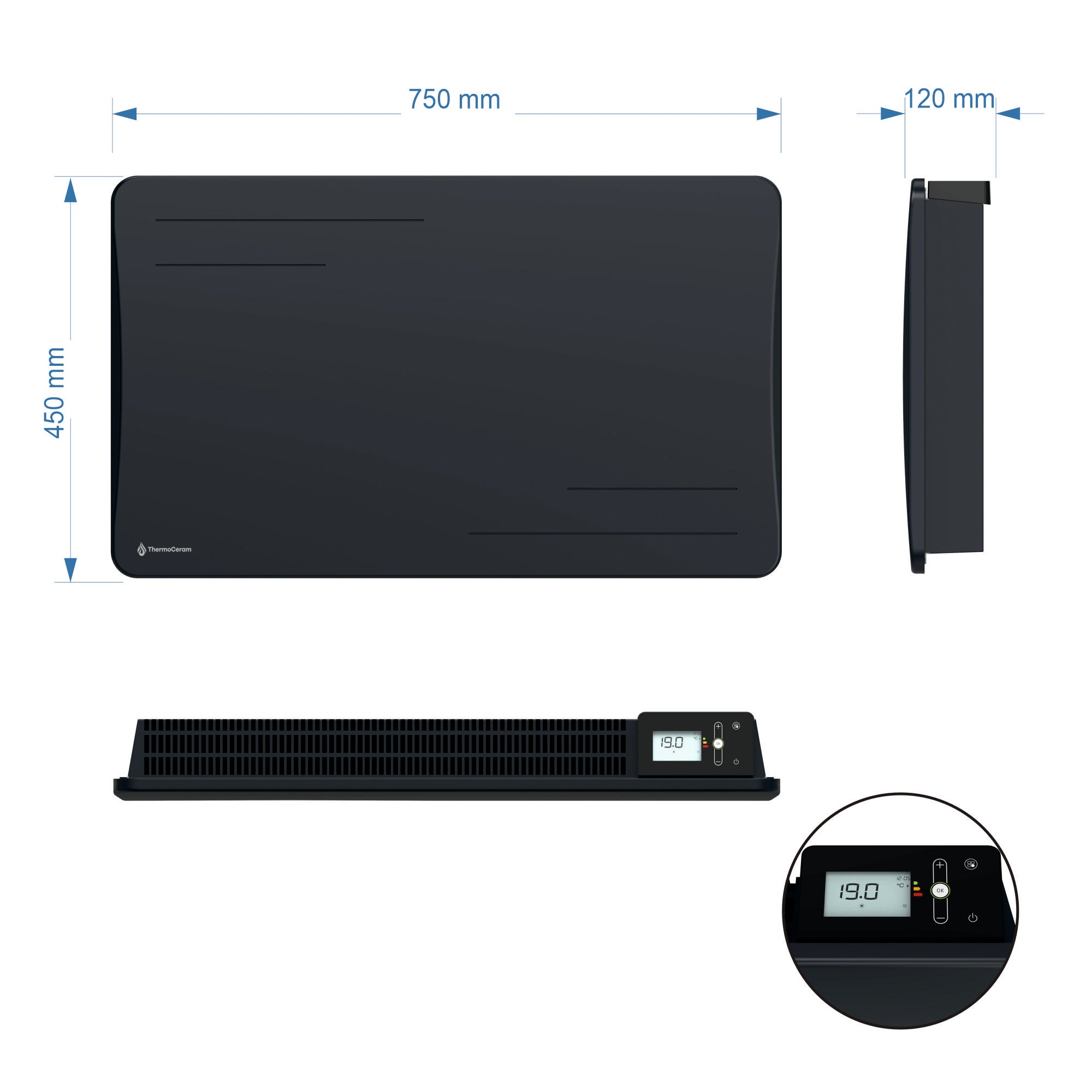 Radiateur électrique connecté 1500W à inertie sèche céramique horizontal Noir Alice