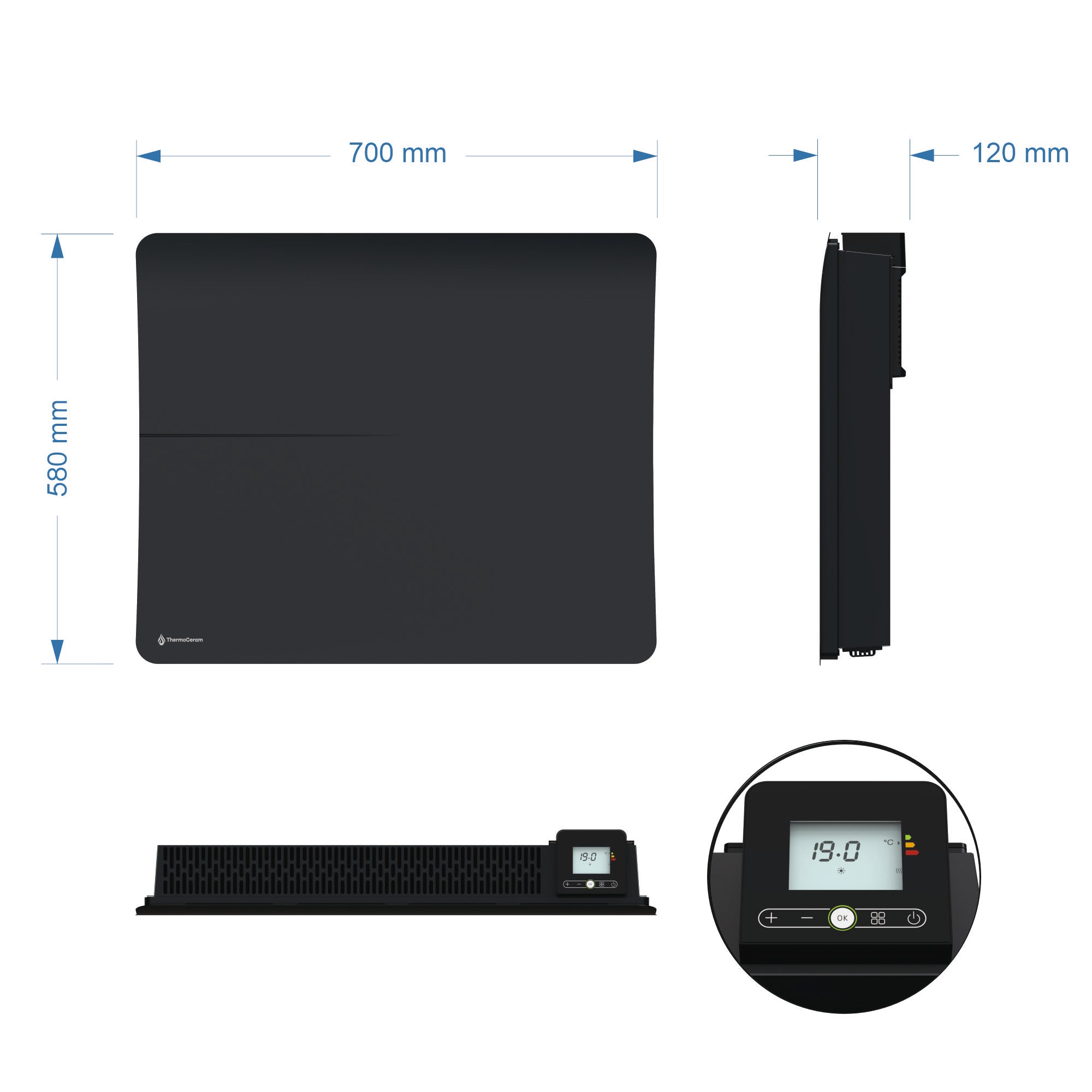 Radiateur électrique connecté 1500W double système de chauffe horizontal Noir Cira