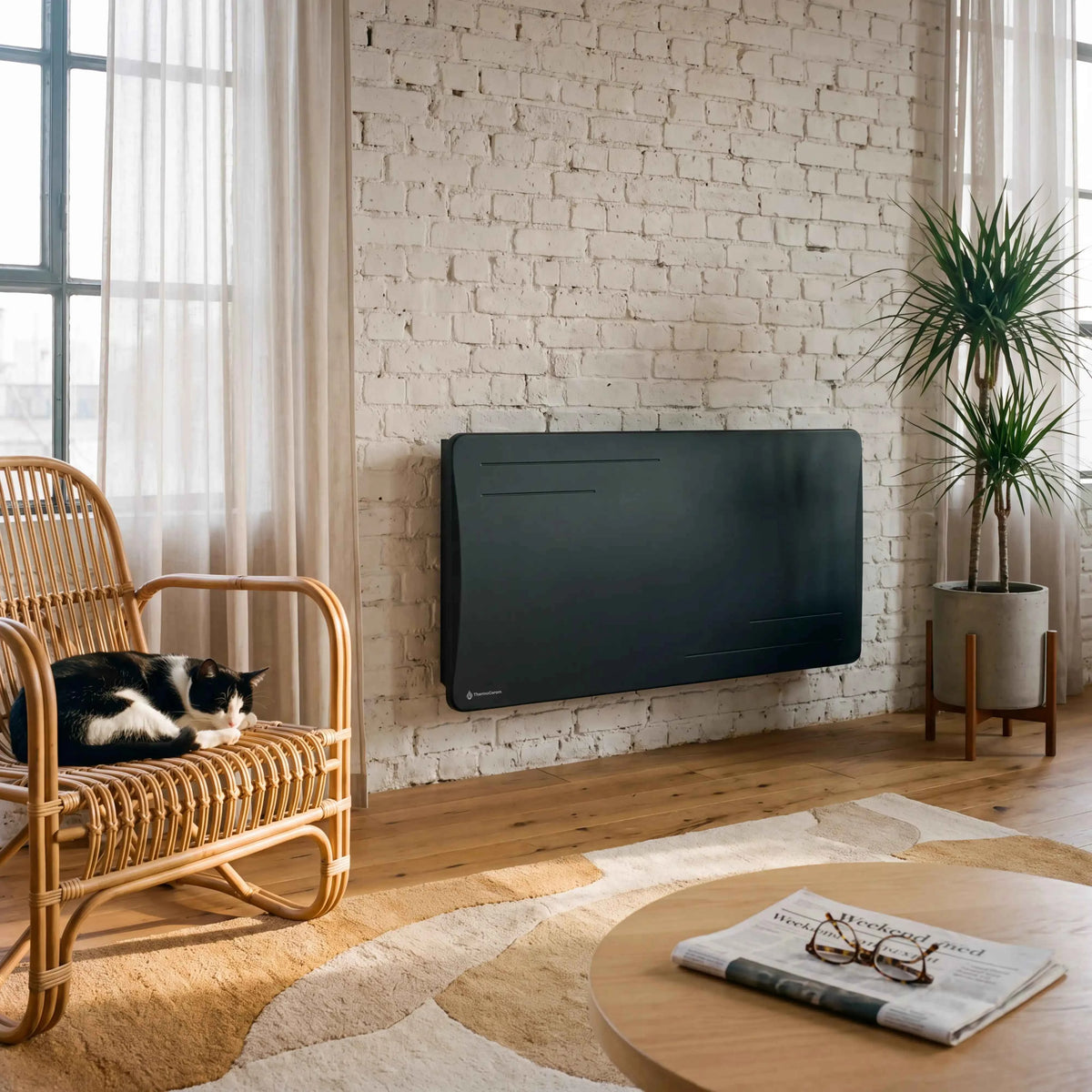 Radiateur Alice 1500W noir fixé sur un mur en briques blanches, dans un salon avec fauteuil en rotin