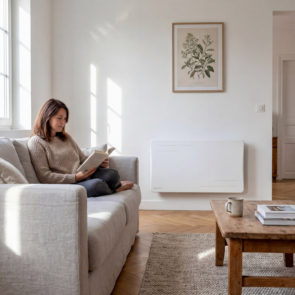 Radiateur Alice 1500W blanc fixé au mur d'un salon, à côté d'un canapé