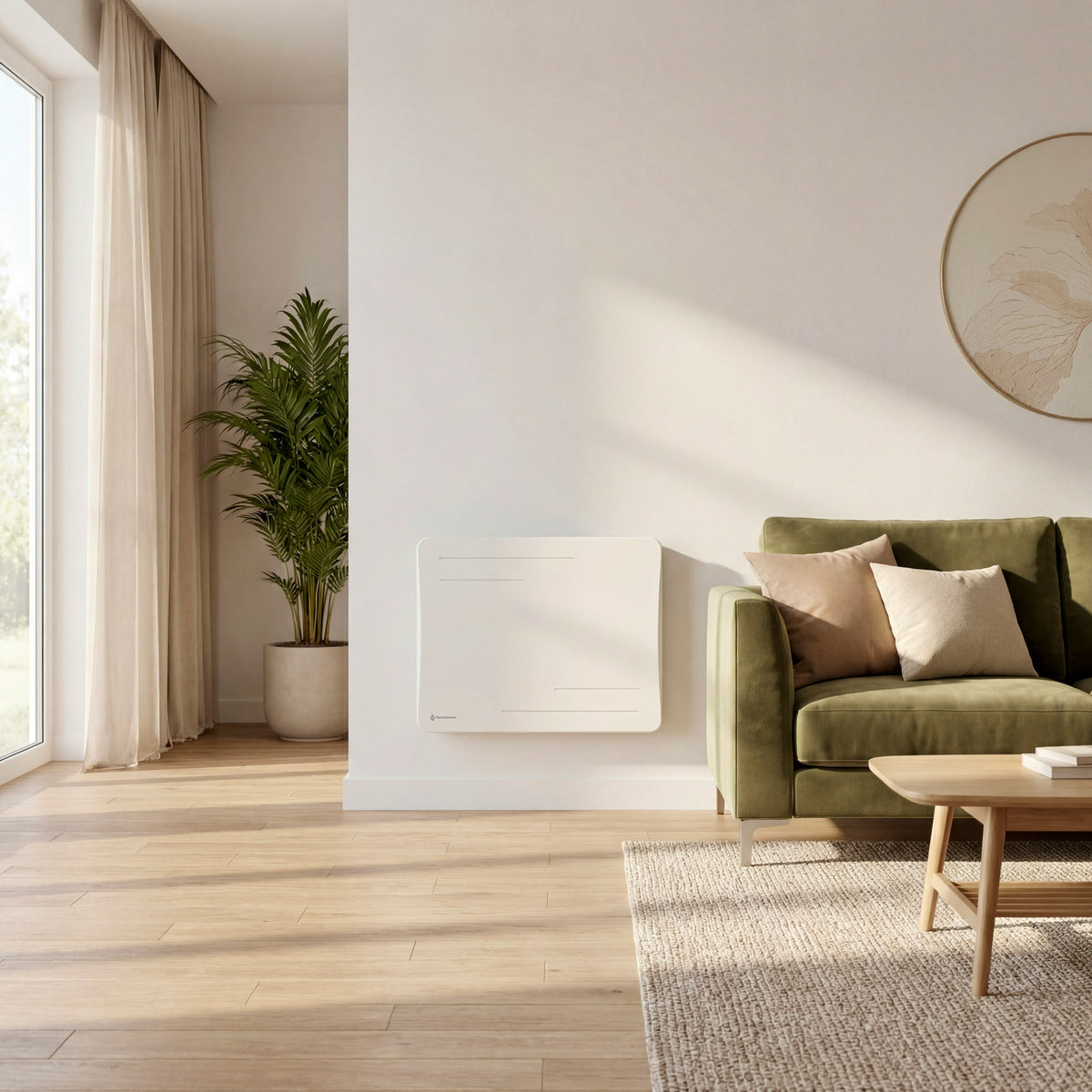 Radiateur Alice 1000W blanc fixé au mur d'un salon lumineux, à côté d'un canapé vert