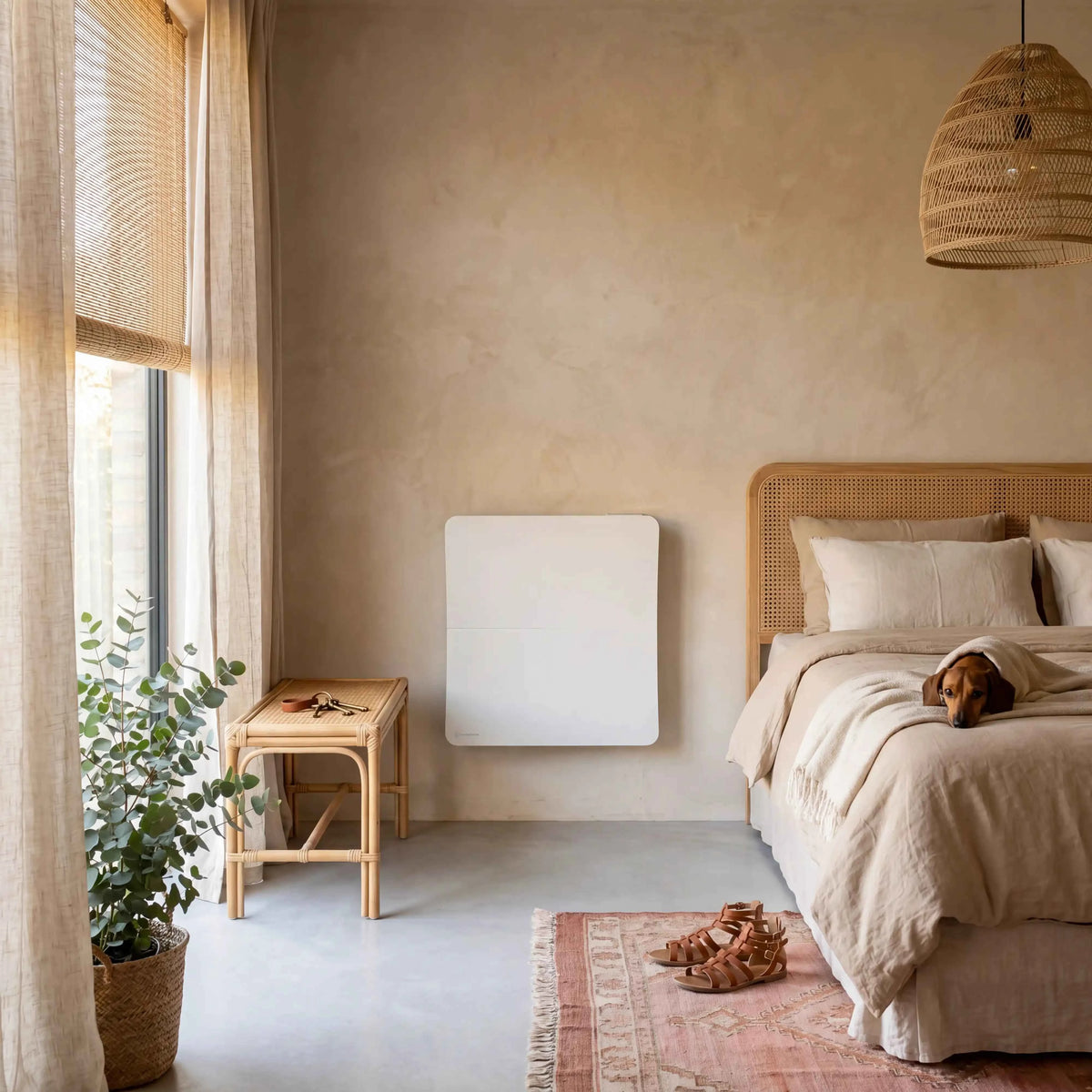 Radiateur Cira 1000W blanc fixé au mur d'une chambre, entre un tabouret en rotin et le lit