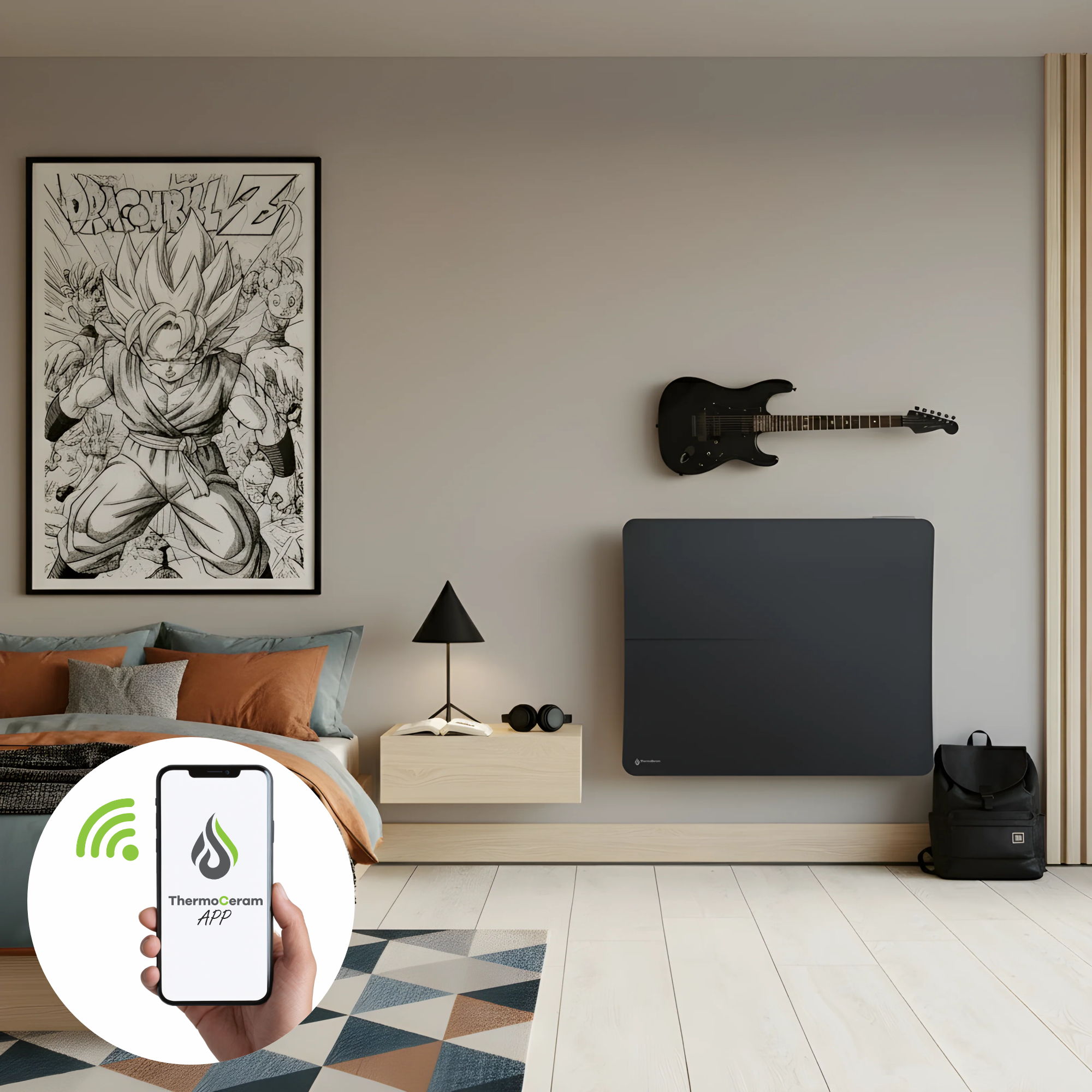 Radiateur électrique connecté 1500W double système de chauffe horizontal Noir Cira