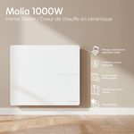 Radiateur Molia 1000W blanc vu de face, avec ses fonctions : pilotage à distance, programmation, détection de fenêtre ouverte, sécurité enfant