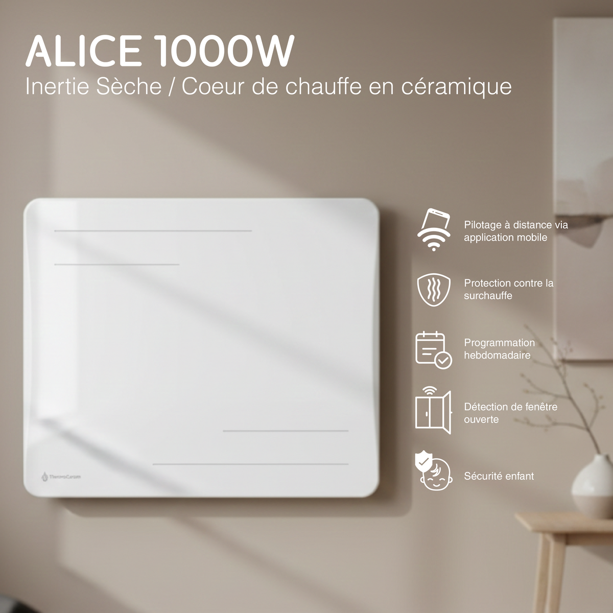 Radiateur Alice 1000W blanc vu de face, avec ses fonctions : pilotage à distance, programmation, détection de fenêtre ouverte, sécurité enfant