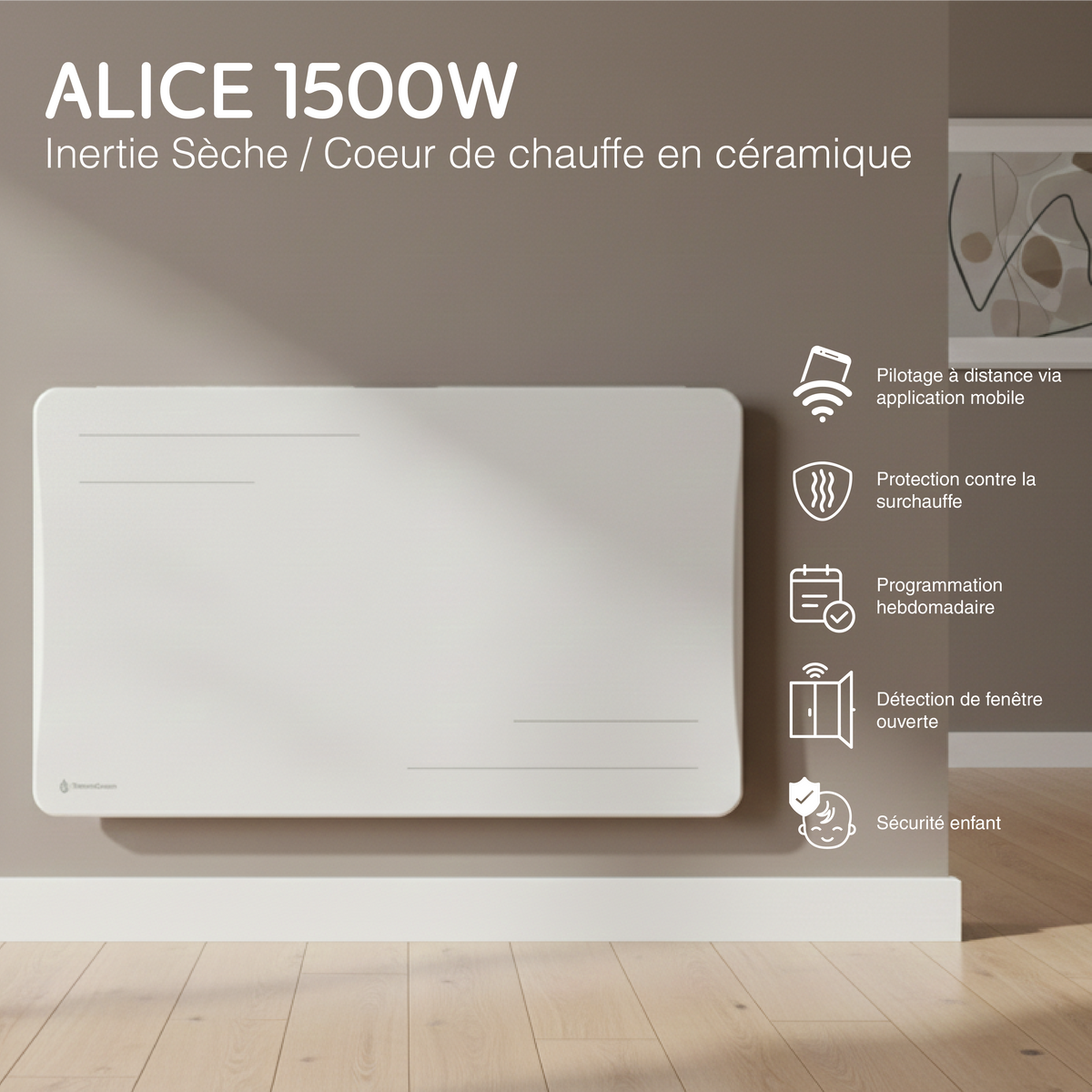 Radiateur Alice 1500W blanc vu de face, avec ses fonctions : pilotage à distance, programmation, détection de fenêtre ouverte, sécurité enfant