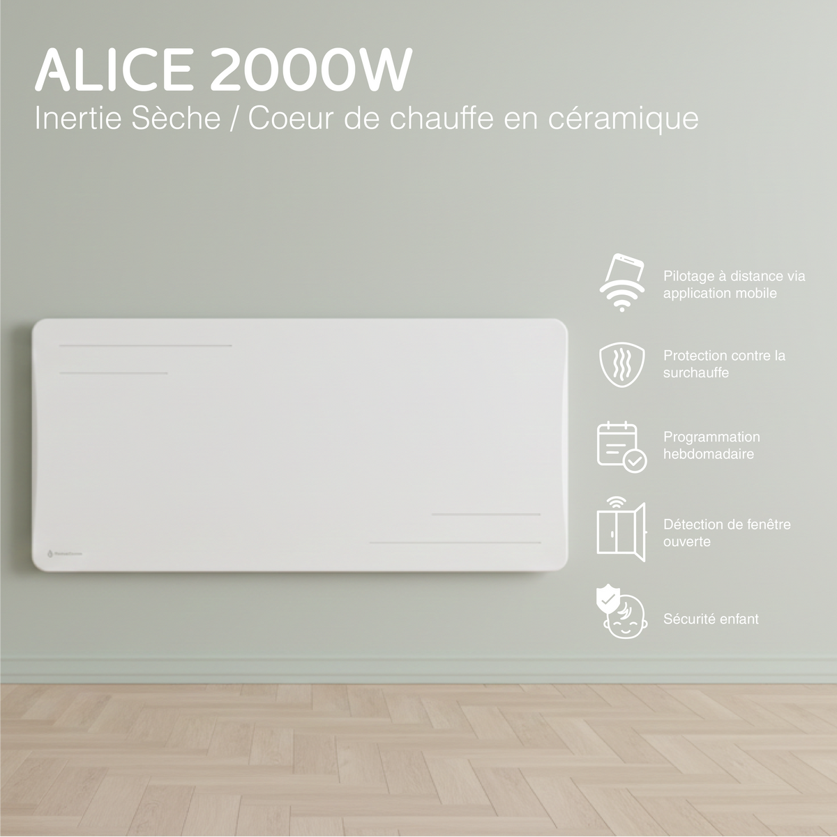 Radiateur Alice 2000W blanc vu de face, avec ses fonctions : pilotage à distance, programmation, détection de fenêtre ouverte, sécurité enfant
