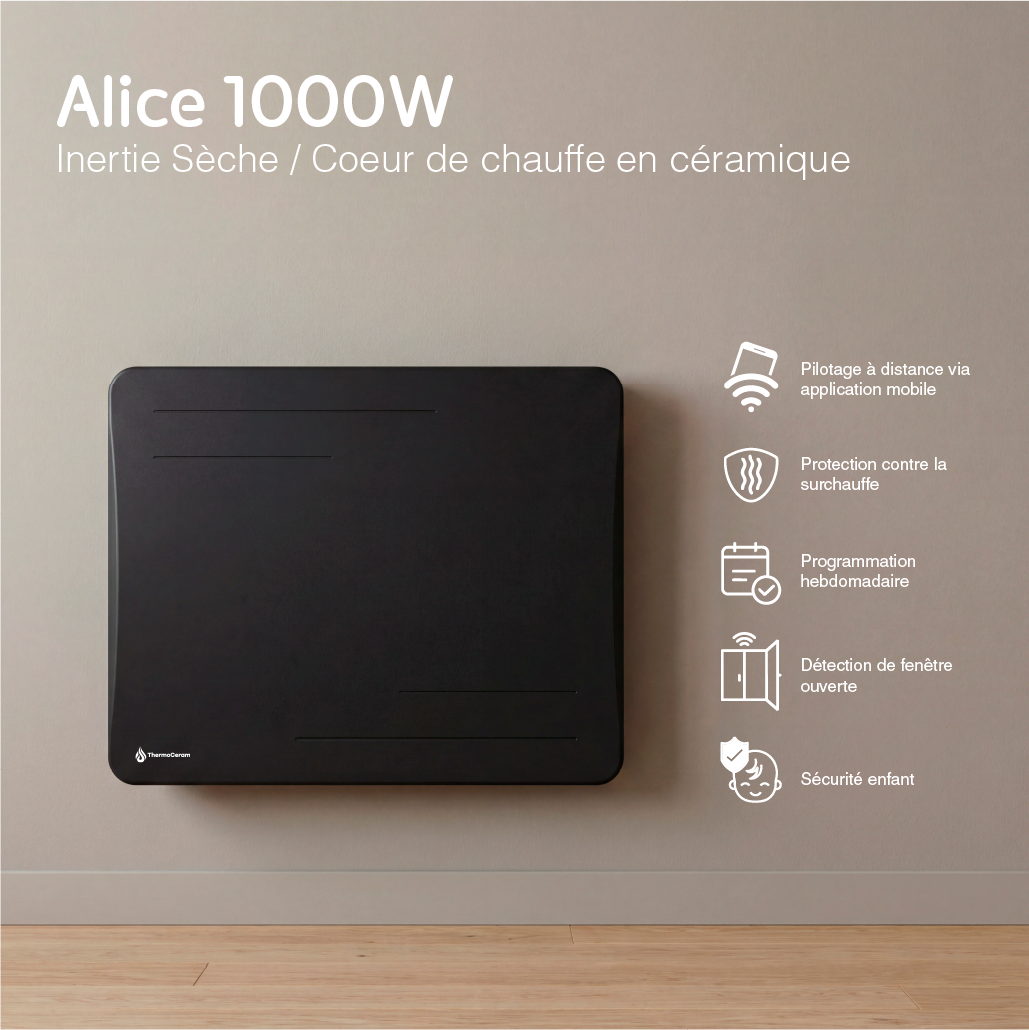 Radiateur électrique connecté 1000W à inertie sèche céramique horizontal Noir Alice