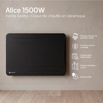 Radiateur Alice 1500W noir vu de face, avec ses fonctions : pilotage à distance, programmation, détection de fenêtre ouverte, sécurité enfant
