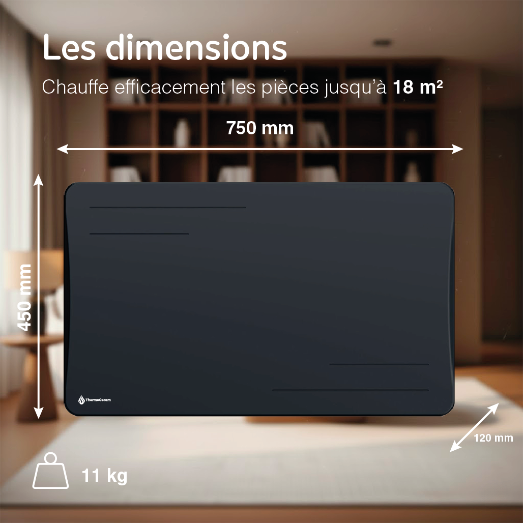 Dimensions du radiateur Alice 1500W noir : 750 × 450 × 120 mm, 11 kg, pour une pièce jusqu'à 18 m²