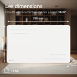 Dimensions du radiateur Alice 1500W blanc : 750 × 450 × 120 mm, 11 kg, pour une pièce jusqu'à 18 m²