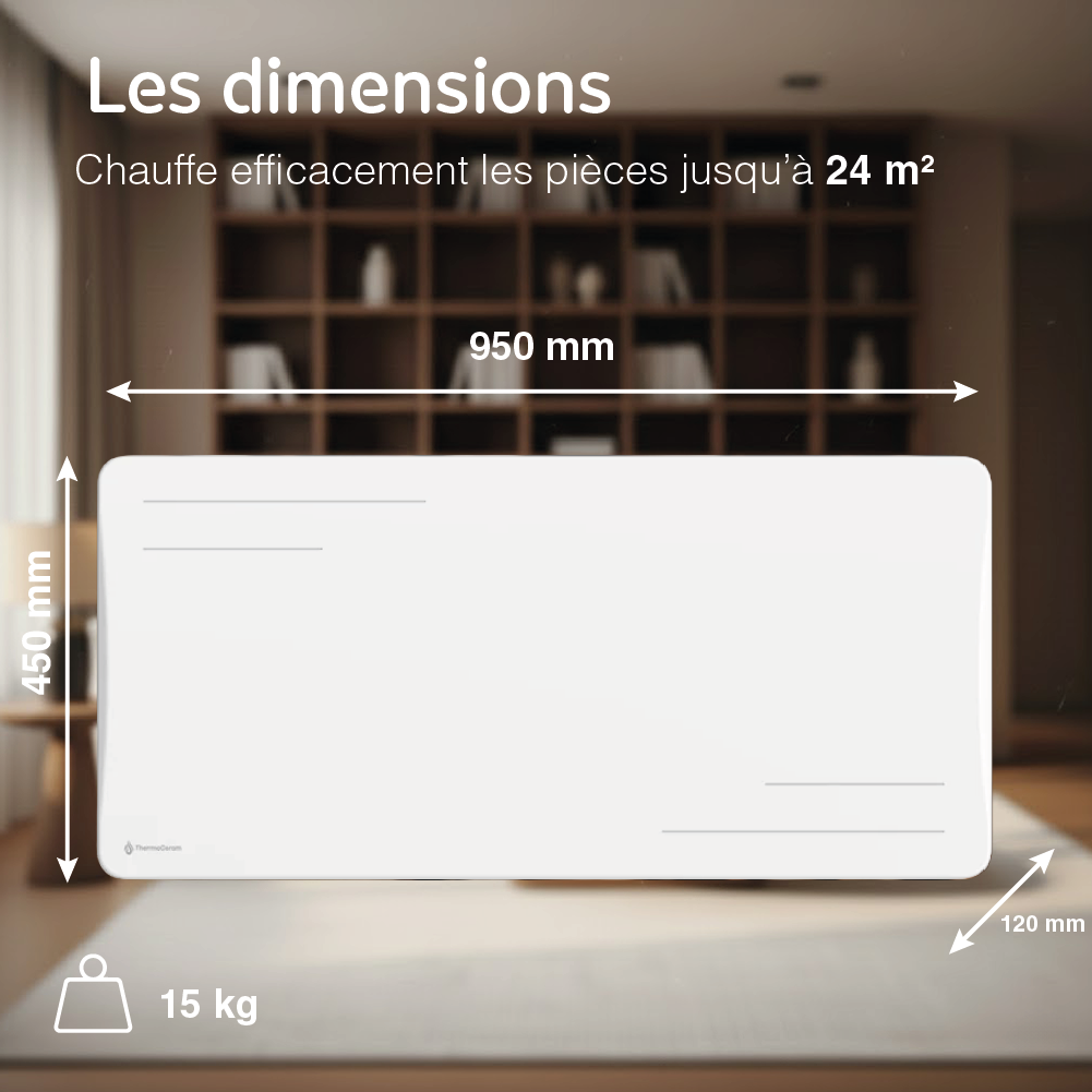 Dimensions du radiateur Alice 2000W blanc : 950 × 450 × 120 mm, 15 kg, pour une pièce jusqu'à 24 m²