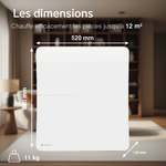 Dimensions du radiateur Cira 1000W blanc : 520 × 580 × 120 mm, 11 kg, pour une pièce jusqu'à 12 m²