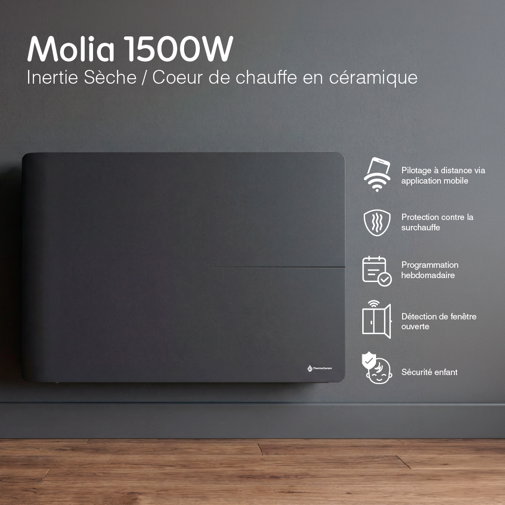 Radiateur électrique connecté 1500W double système de chauffe horizontal Noir Molia - Thermoceram FR